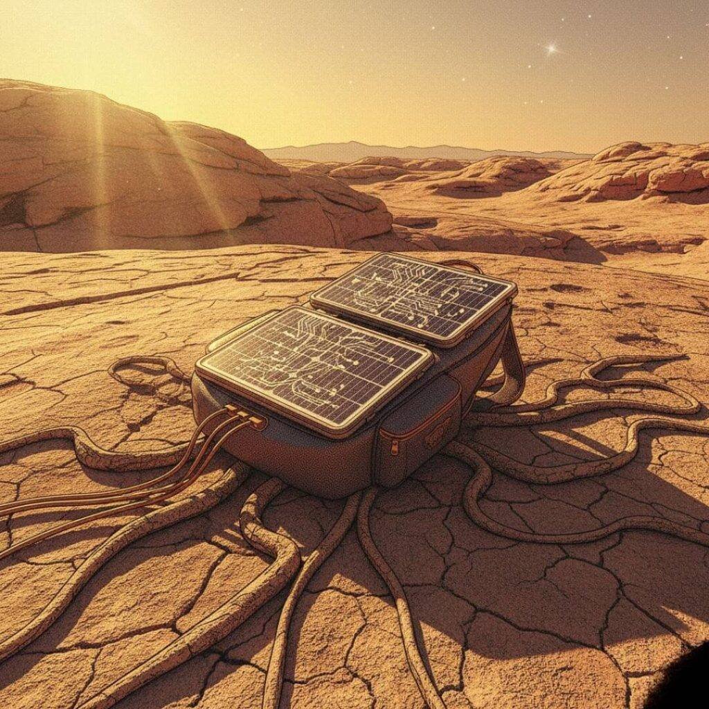 Solar backpack on sun-baked desert rocks.