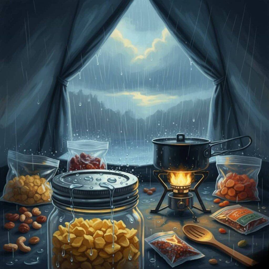 Rainy tent food hacks, stormy blues and yellows.