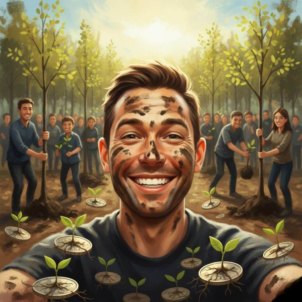 Blurry, grinning selfie with dirt at a tree planting.