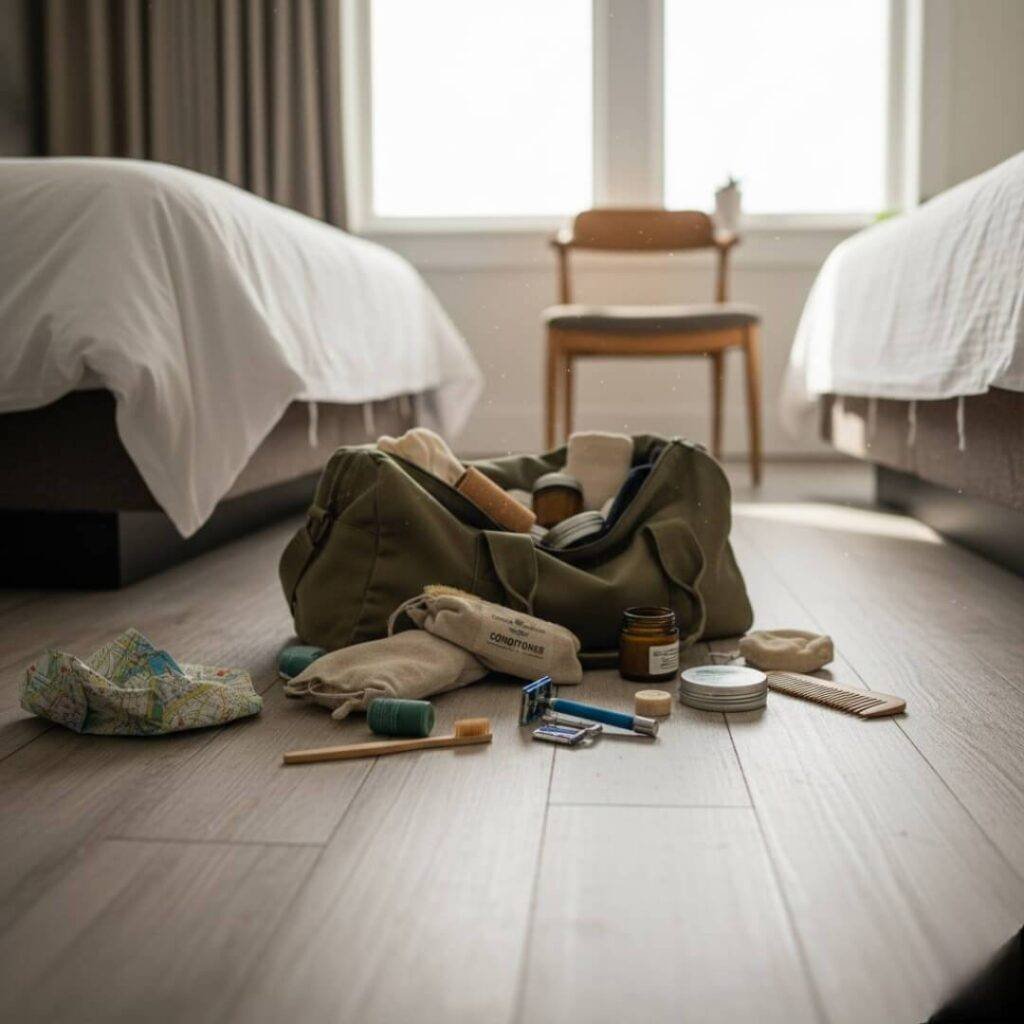 Eco toiletries scattered on a hotel room floor.