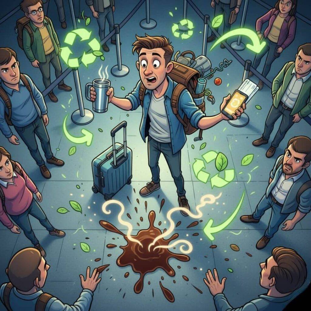 Chaotic airport traveler, eco arrows, coffee spill.