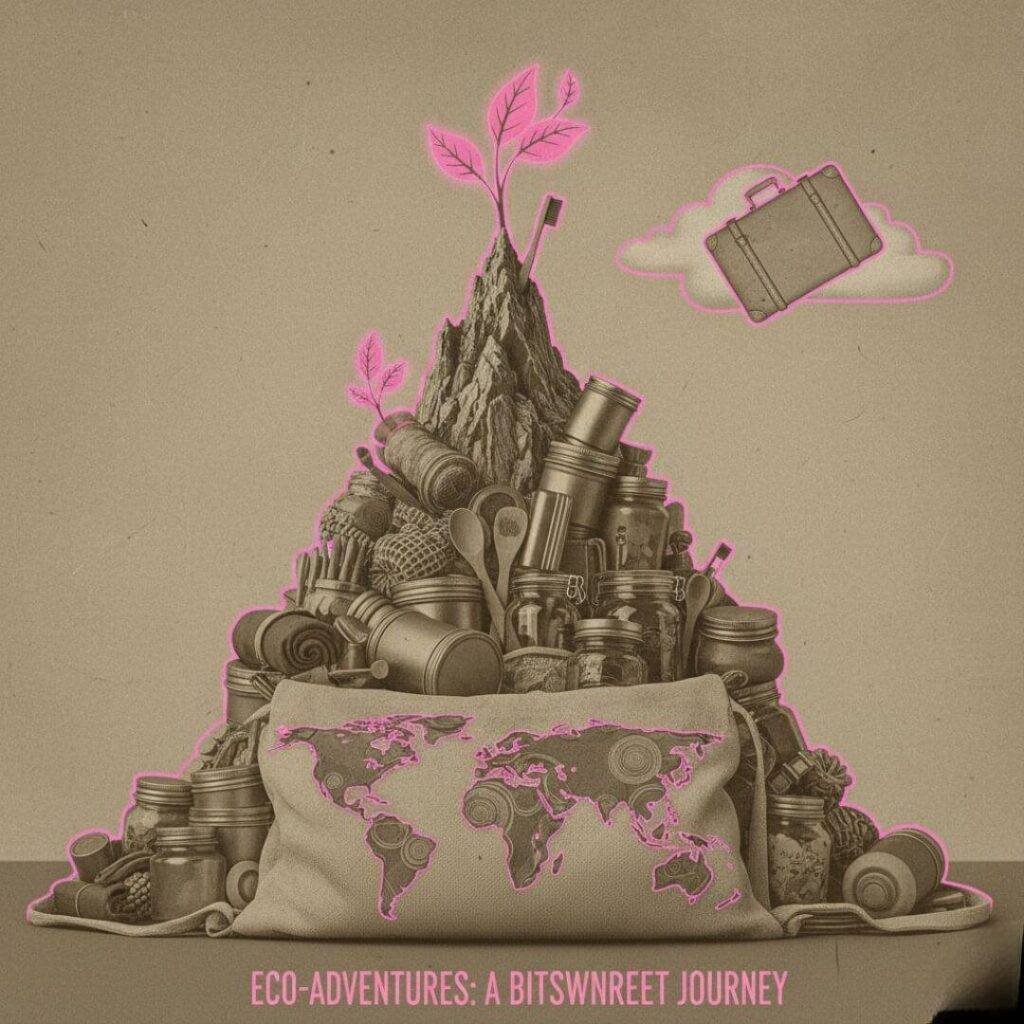 Mountain of eco-travel products, vintage style.