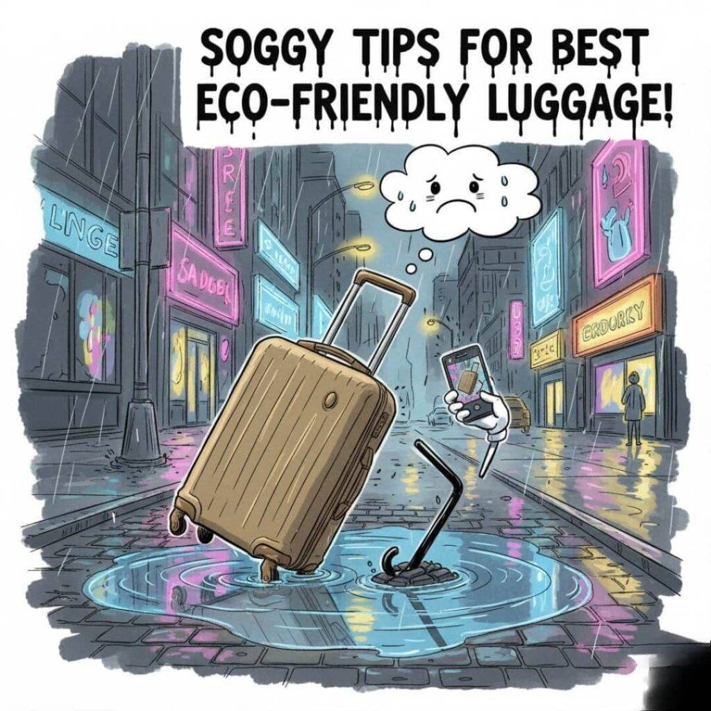 Rainy street, eco luggage, humorous travel mishap.