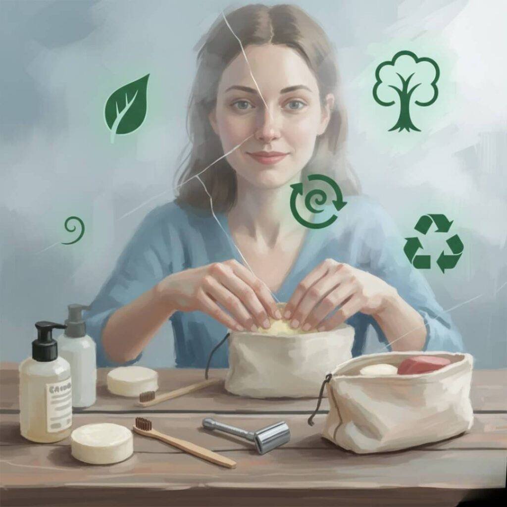 Repacking kit reflected in foggy bathroom mirror.