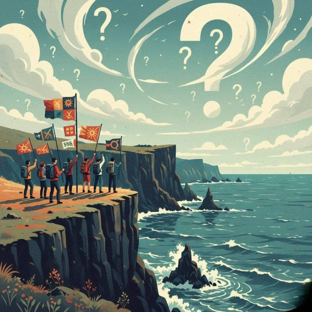 Hikers on Azores cliffs, question mark clouds.