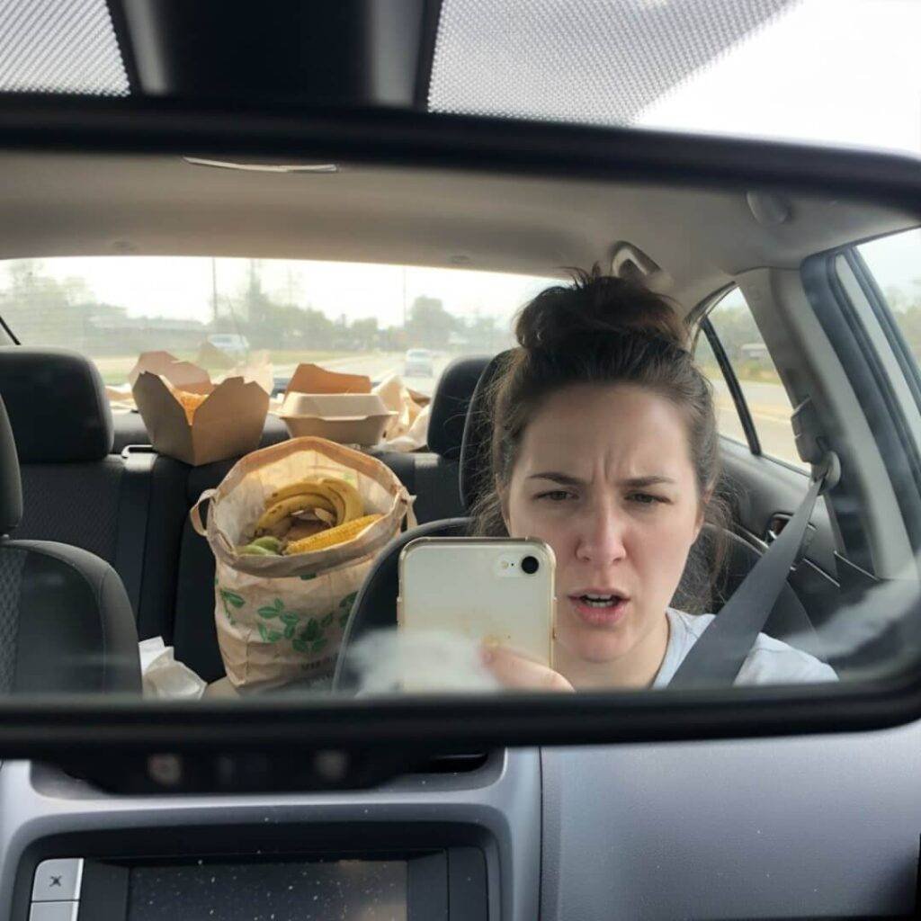 Frustrated selfie with backseat compost items.