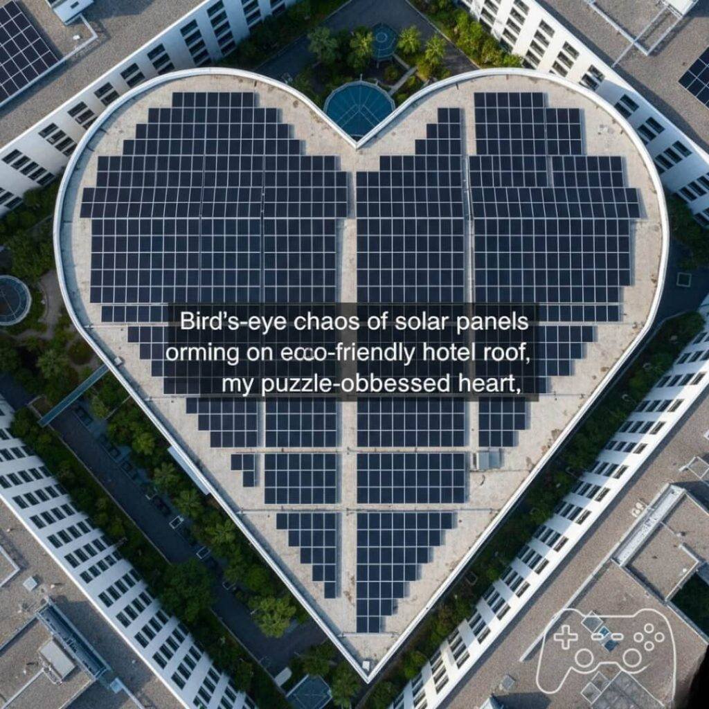 Drone shot of heart-shaped solar panel array.