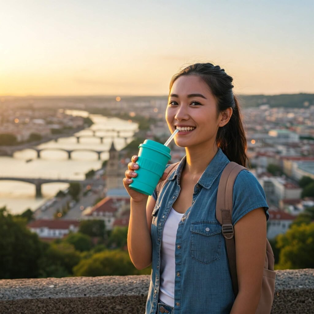 Reusable cup joy: traveler and scenic panorama.