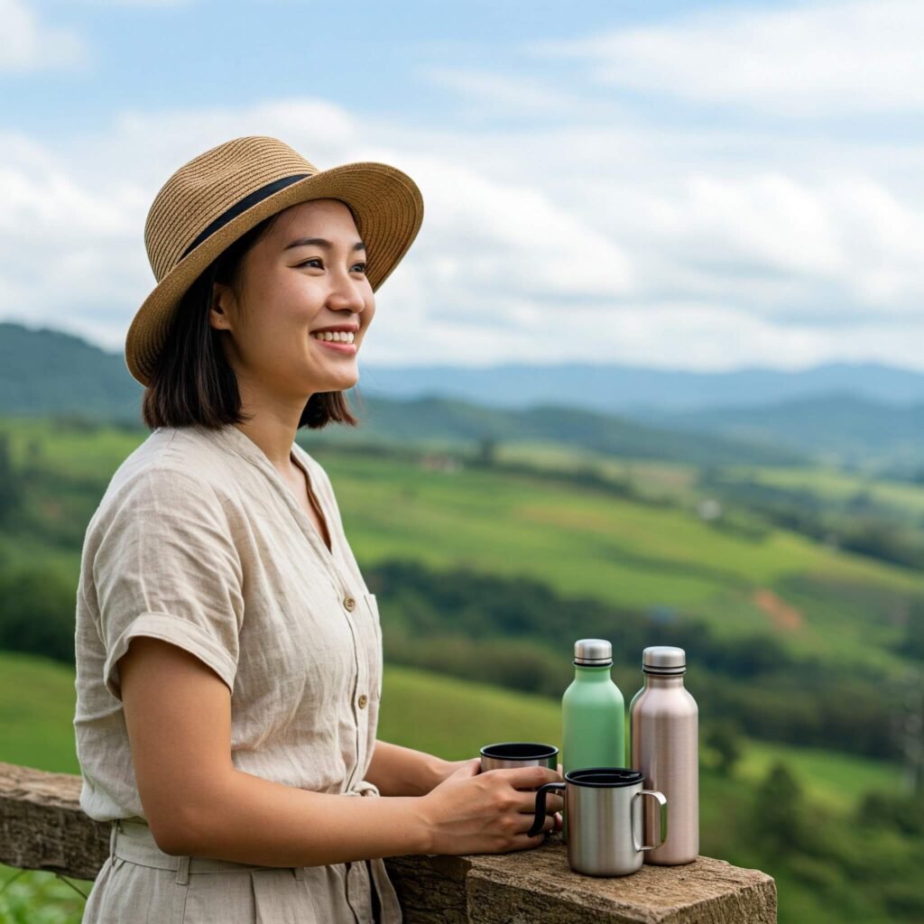 Smiling Traveler, Green Landscape: Simple and descriptive.