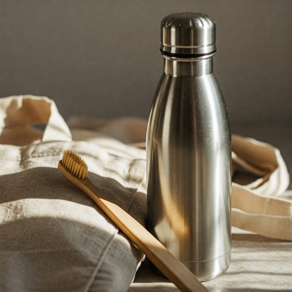 Close-up: bamboo toothbrush, steel bottle, cotton bag - eco-friendly travel materials.