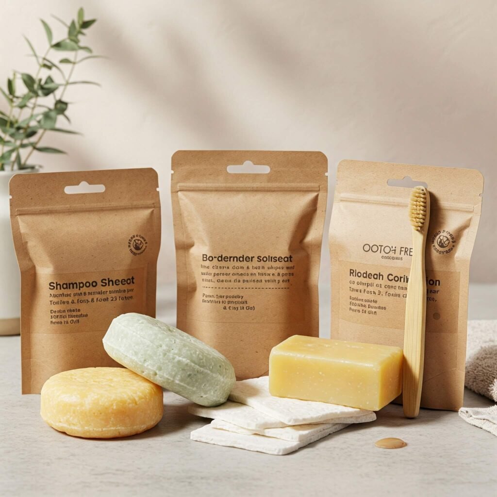 Plastic-free travel toiletries arrangement