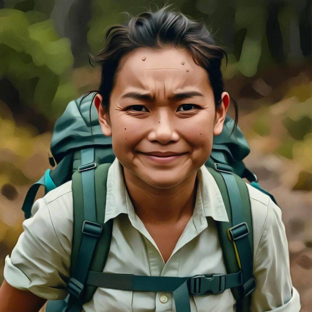 Sweaty hike smirk, sustainable style on trail.