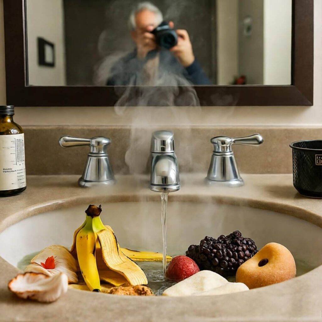 Compost mess steams in hotel sink fail.