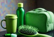 Biodegradable Travel Essentials That Actually Work Blurry eco-essentials mess on motel nightstand.