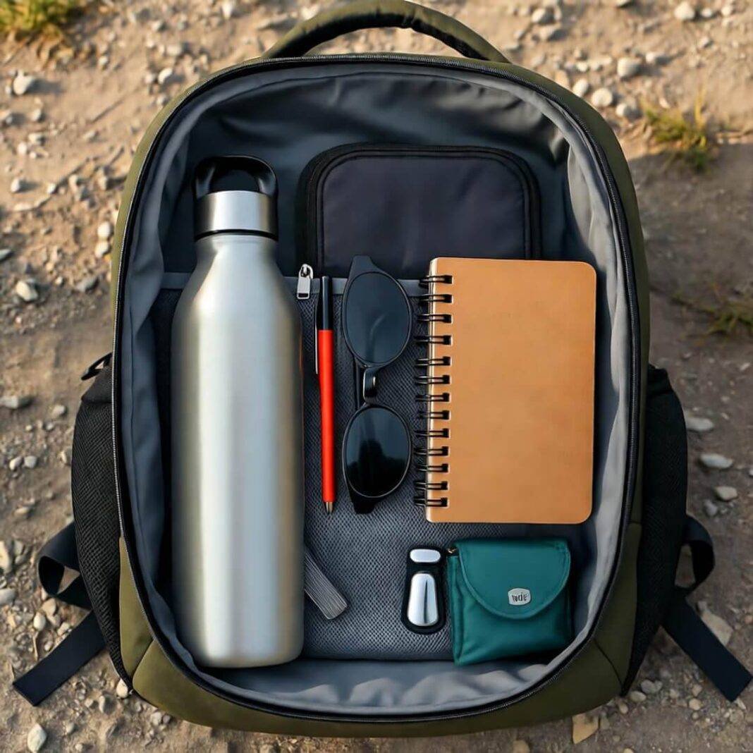 Messy backpack with eco gear on dusty trail. Messy backpack with eco gear on dusty trail.