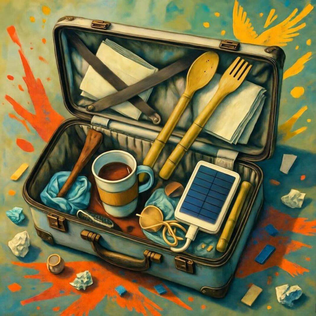 Messy suitcase packed with reusables, coffee spill included. Messy suitcase packed with reusables, coffee spill included.