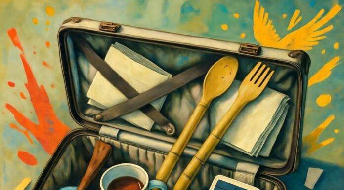 From Trash to Travel: I Tried Packing Only Reusables Messy suitcase packed with reusables, coffee spill included.