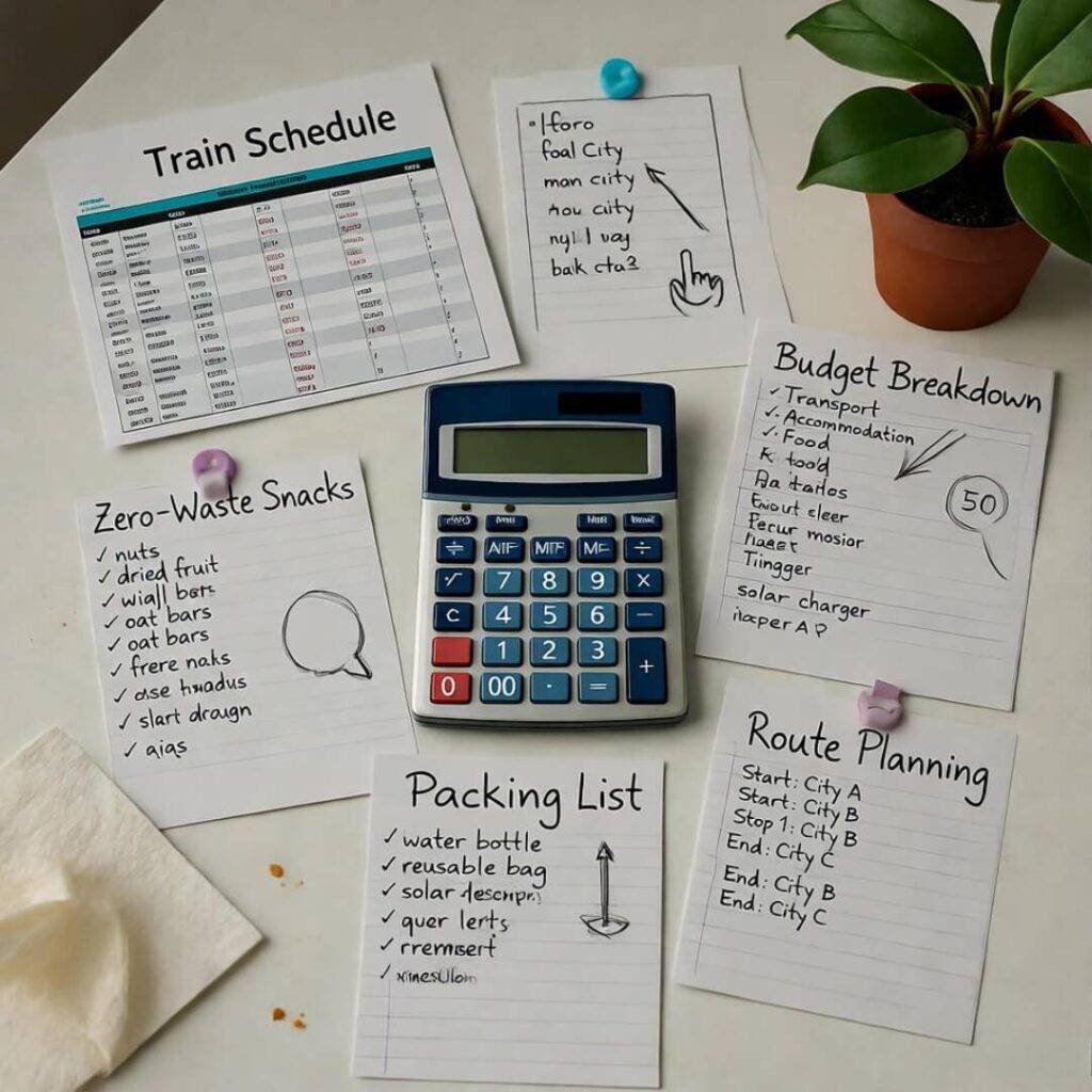 Chaotic table with travel plans and snacks.
