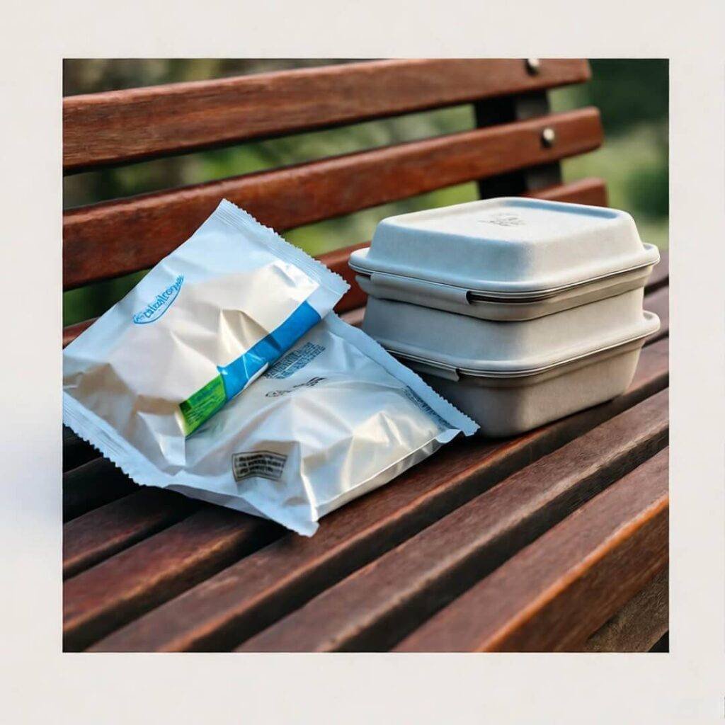 Plastic wrappers next to reusables on bench.