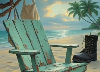 10 Inspiring Ways to Make Your Next Vacation Truly Eco-Friendly Dreamy beach twilight, slouched chair, eco items, hopeful vibe.