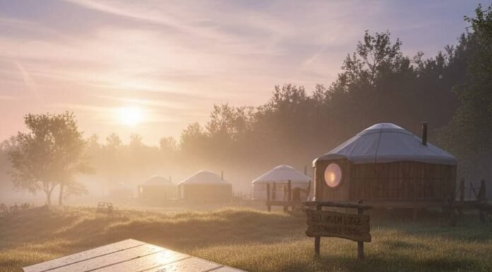 Green Getaways: Discover the Best Sustainable Lodges in the US Misty eco-yurt haven at sunrise, sustainable lodge obsession.