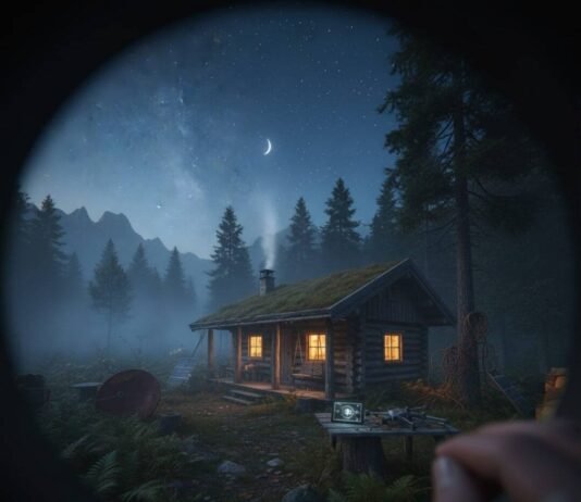 Off-Grid Stays: 9 Remote Eco Cabins for Digital Detox Misty off-grid cabin inviting a digital detox under starry skies.