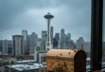 Why LEED-Certified Hotels Are the Future of Travel Rainy city view, beehive on hotel ledge.