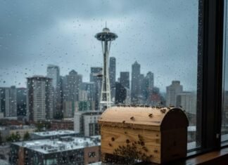 Why LEED-Certified Hotels Are the Future of Travel Rainy city view, beehive on hotel ledge.