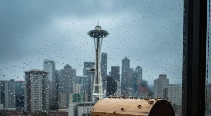 Why LEED-Certified Hotels Are the Future of Travel Rainy city view, beehive on hotel ledge.