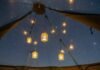 Glamping, But Make It Green: Top Eco Glamping Spots in the U.S. Tent view: grass, starry mesh roof, dangling lanterns.