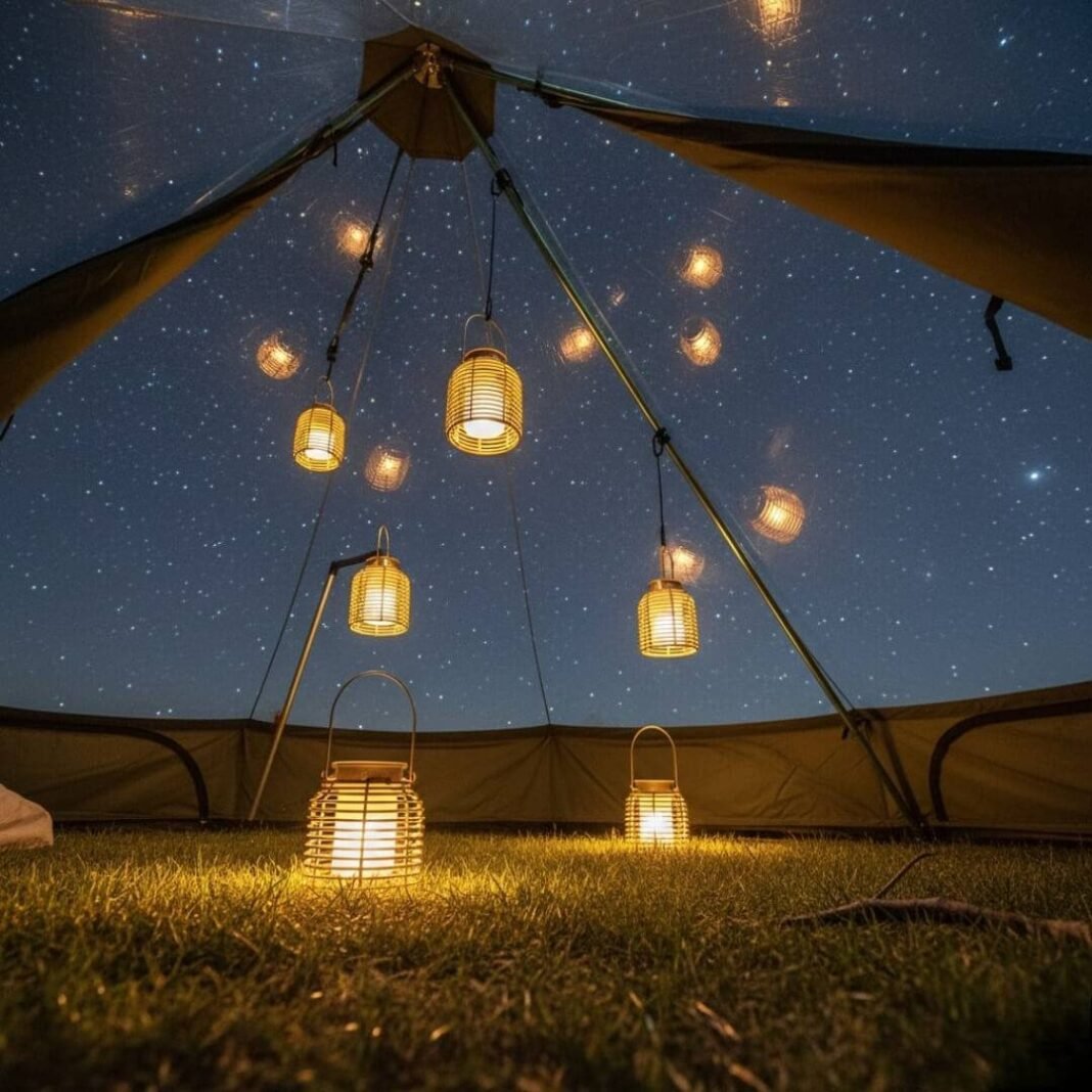 Tent view: grass, starry mesh roof, dangling lanterns.