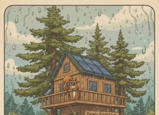 Airbnb Goes Green: Discover 8 Eco-Friendly Stays You’ll Love Rainy Seattle treehouse, solar panels, squirrel in shades.