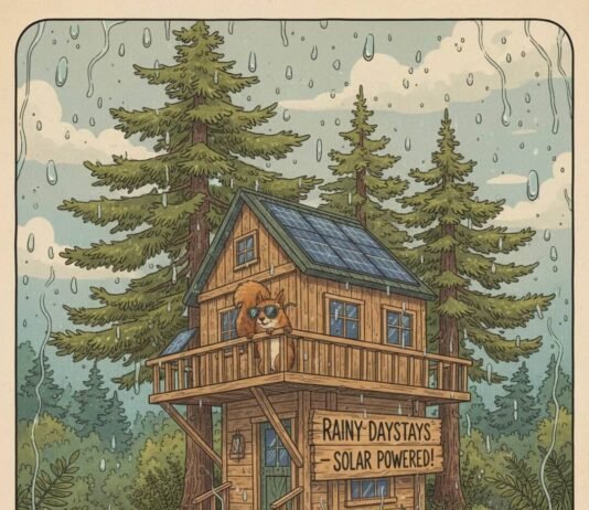 Airbnb Goes Green: Discover 8 Eco-Friendly Stays You’ll Love Rainy Seattle treehouse, solar panels, squirrel in shades.