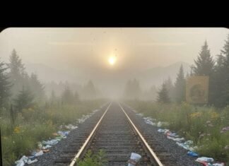 Train Travel in the USA: The Eco-Friendly Alternative to Flying Misty train tracks with litter and eco-hope text.