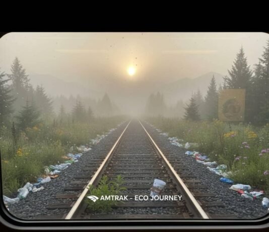 Train Travel in the USA: The Eco-Friendly Alternative to Flying Misty train tracks with litter and eco-hope text.