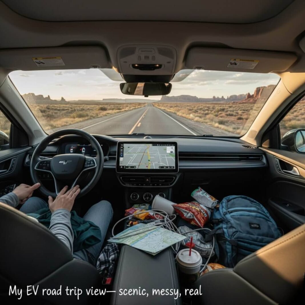 Messy EV passenger seat, highway view, sunset.