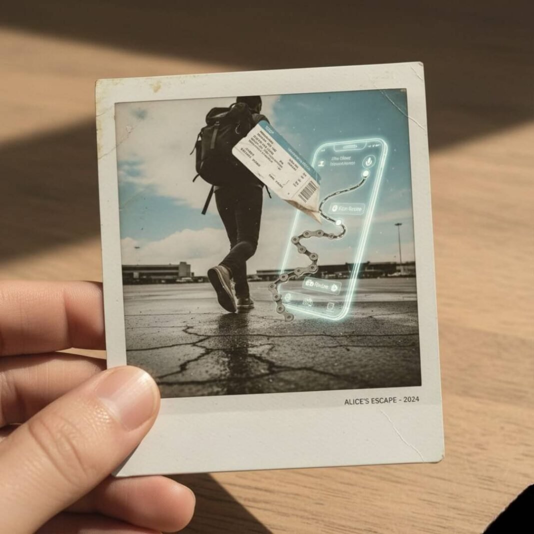 Polaroid: Ticket crumples into bike chain, sustainable travel.