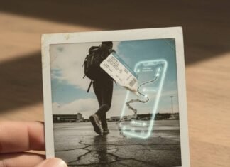 Flying Less: 7 Sustainable Travel Apps That Help You Cut Emissions Polaroid: Ticket crumples into bike chain, sustainable travel.