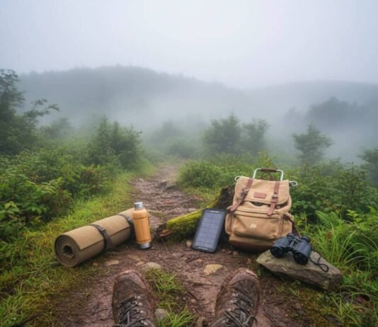 Sustainable Travel: 7 Essential Tips for a Greener Journey Foggy trail with muddy boots and sustainable gear.