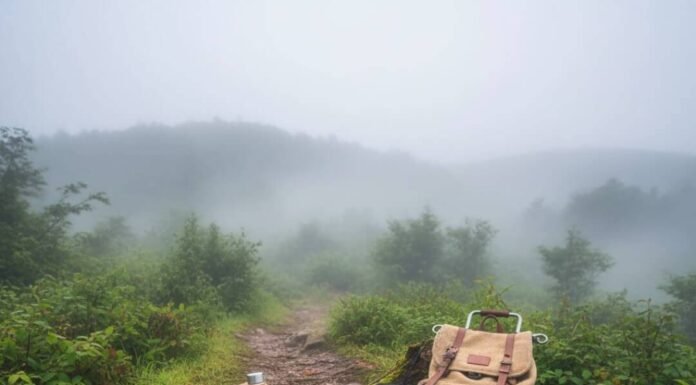 Sustainable Travel: 7 Essential Tips for a Greener Journey Foggy trail with muddy boots and sustainable gear.