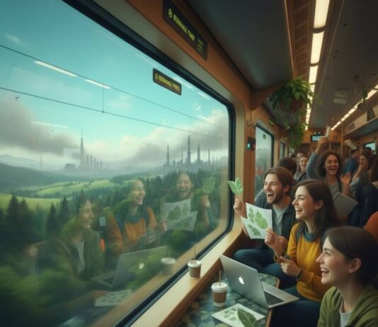 Why Public Transport Is the Unsung Hero of Eco Travel Eco-friendly train commute with happy passengers and green reflections.