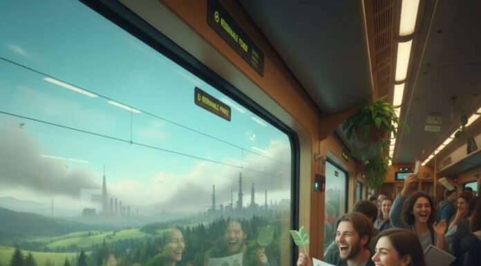 Why Public Transport Is the Unsung Hero of Eco Travel Eco-friendly train commute with happy passengers and green reflections.