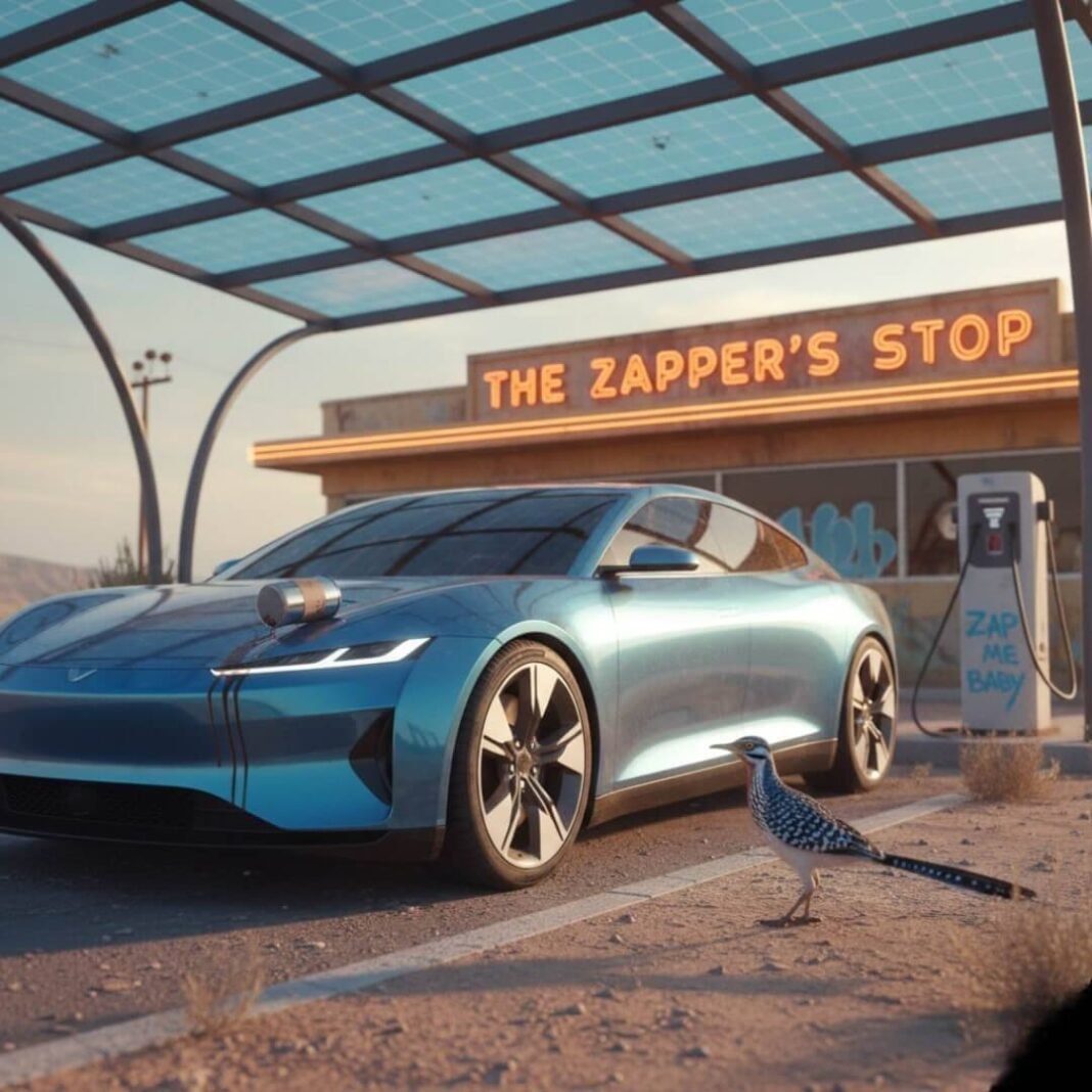 EV, diner, roadrunner, coffee mug, desert.