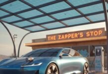 The Best Electric Vehicle Rentals for Your Next Green Getaway EV, diner, roadrunner, coffee mug, desert.