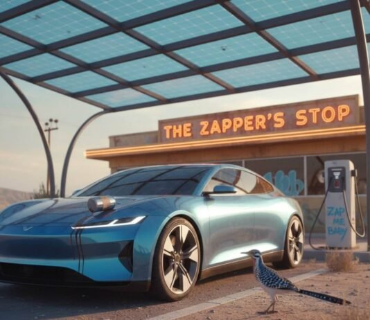 The Best Electric Vehicle Rentals for Your Next Green Getaway EV, diner, roadrunner, coffee mug, desert.