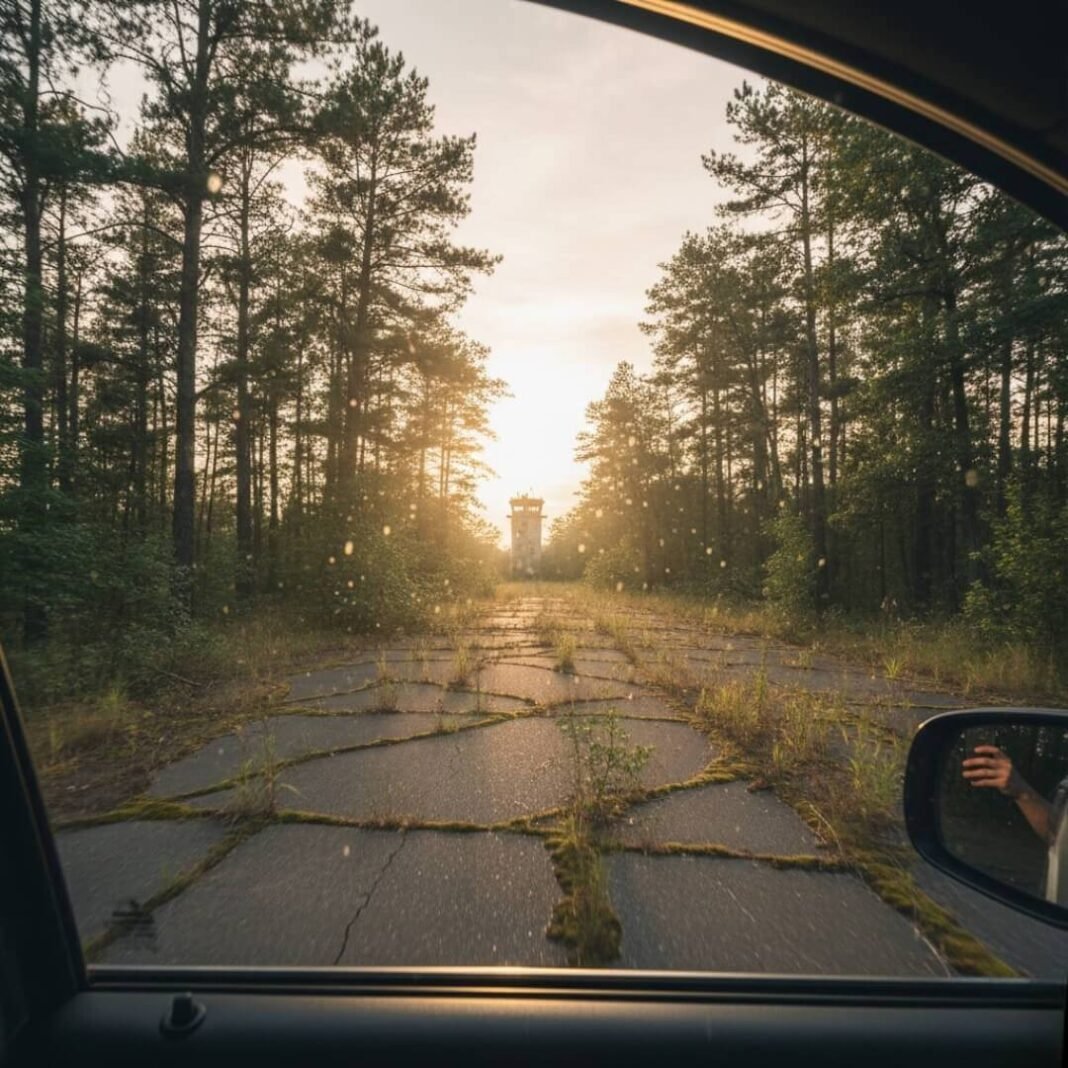 Nature reclaims runway from car window.