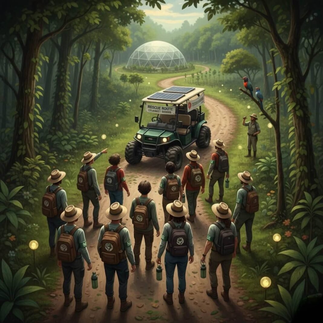 Eco-tour group in forest, geodesic dome ahead.