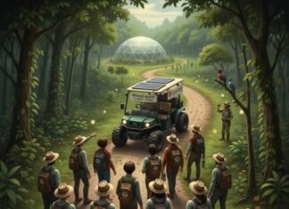 Top 10 Eco Tours That Help Save the Planet While You Travel Eco-tour group in forest, geodesic dome ahead.