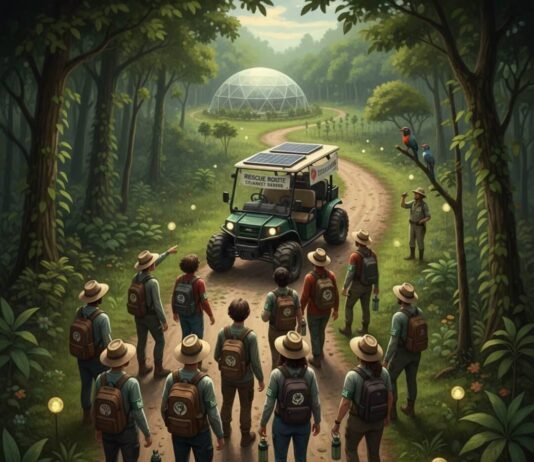 Top 10 Eco Tours That Help Save the Planet While You Travel Eco-tour group in forest, geodesic dome ahead.