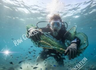 Marine Conservation Vacations: Swim With a Purpose Shaky underwater selfie, diver with trash.